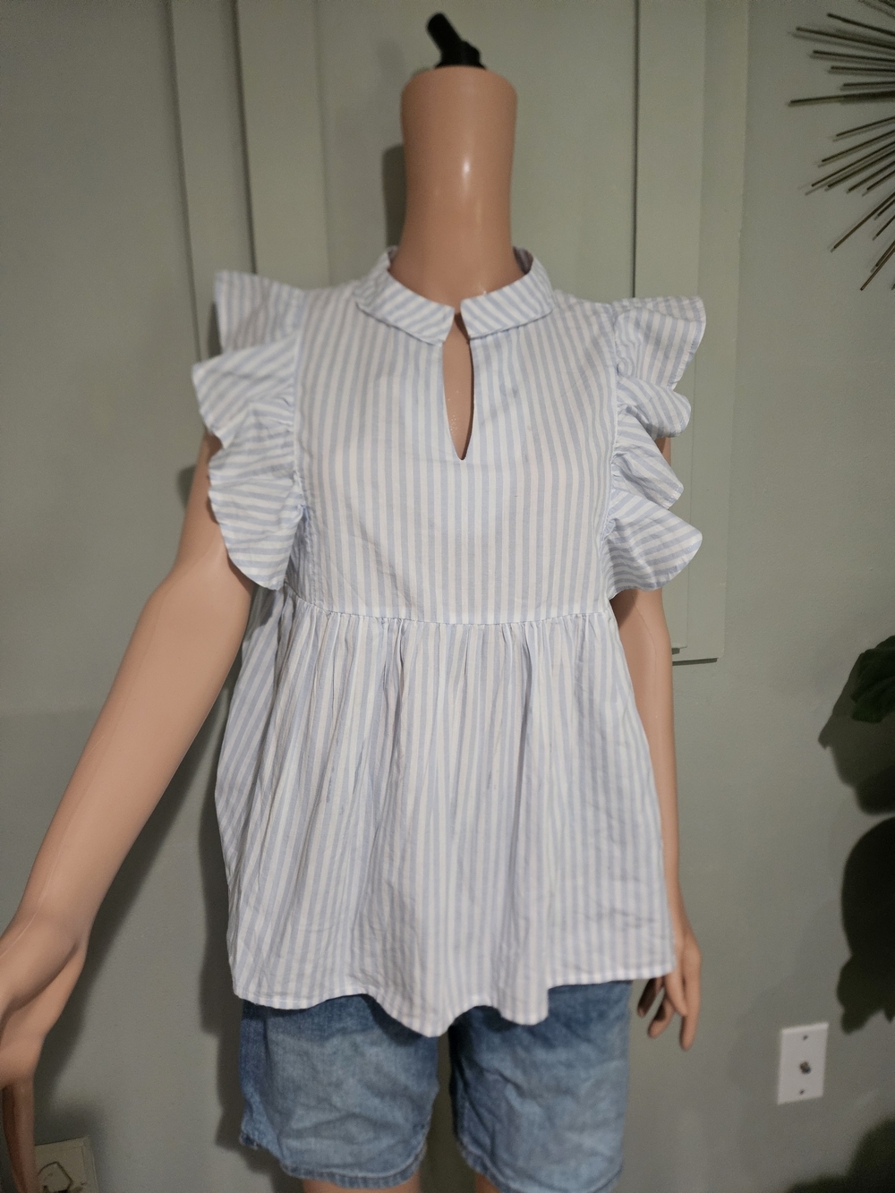 LaRoque Original Blue & White Stripe Ruffle Sleeve Babydoll Top – Size Medium - Picture 3 of 14